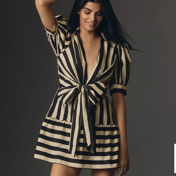 FARM Rio Black and Cream Striped Mini Dress with Front Tie - Picture 10 of 11